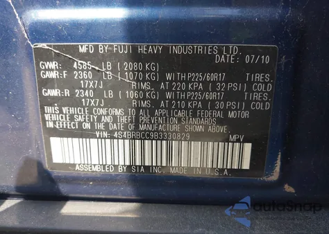 2011 Subaru Outback 2.5I Premium from USA, damaged, VIN 4S4BRBCC9B3330829